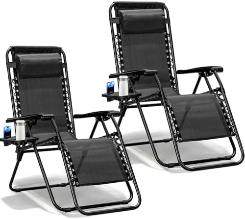 MAKE CHANGES Zero Gravity Chairs Set of 2, Adjustable Lounge Chair Outdoor Recliner, Folding Reclining Lawn Chair, Anti Gravity Chair with Pillow & Cup Holder for Pool Camping Sunbathing Beach Patio