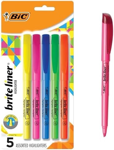 BIC Brite Liner Highlighters, Chisel Tip, 5-Count Pack, Assorted Colors
