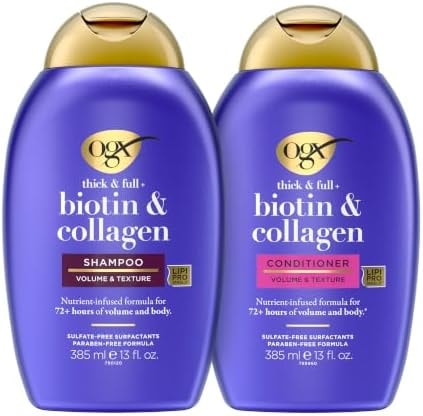 OGX Thick & Full + Biotin and Collagen for Hair Volume & Body, Sulfate Free Volumizing Shampoo & Conditioner Set for Fine & Thinning Hair, Nutrient-Infused, Vitamin B7, 13 fl oz, 2 Pack
