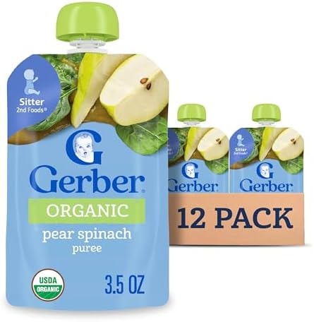 Gerber Stage 2 Organic Pear Spinach Pouches, 3.5 Oz, 12 Pack