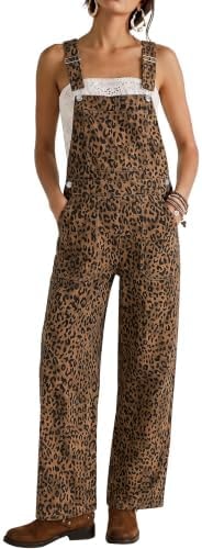 luvamia Brown Cheetah Wide Leg Women's Denim Overalls Size Medium