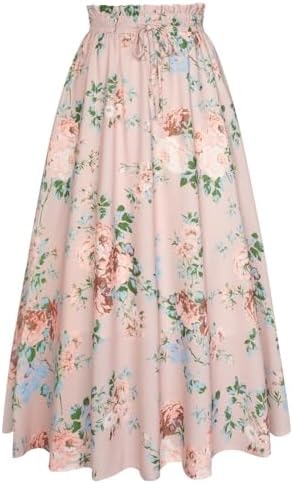 Vintage Floral Long Skirt Summer A Line Elegant Maxi Skirts for Women Pink M