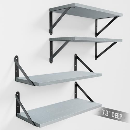 COCOYA Wall Shelves 7.3" Deep Solid Paulownia Wood (Grey, Set of 4)