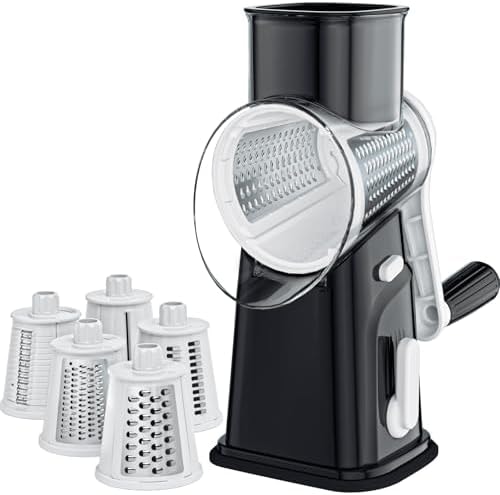 Ourokhome Rotary Cheese Grater Cheese Shredder with 5 Interchangeable Blades, Rotary Grater with Non-slip Suction Base Hand Crank Slicer for Vegetable Nuts Black