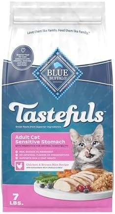 Blue Buffalo Tastefuls Chicken & Brown Rice Recipe Sensitive Stomach Adult Dry Cat Food, Real Chicken First, Deliciously Healthy Natural Cat Food, Natural Ingredients, Supports Digestion, 7-lb Bag