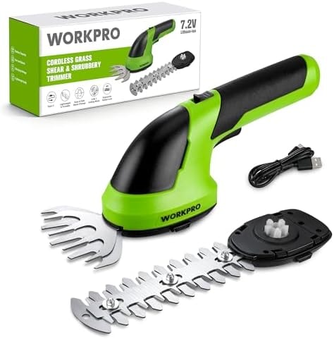 WORKPRO Cordless Grass Shear & Shrubbery Trimmer - 2 in 1 Handheld 7.2V Electric Grass Trimmer Hedge Shears/Grass Cutter Rechargeable Lithium-Ion Battery and Type-C Cable Included