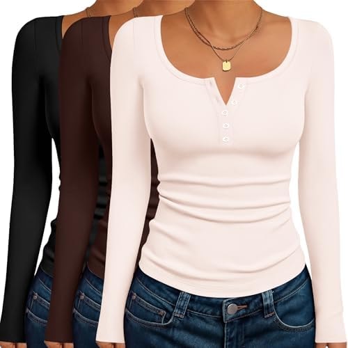 Ekouaer Women's Long Sleeve Shirts 3 Packs Henley Fall Button Tops