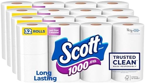 Scott 1000 Trusted Clean Toilet Paper, 32 Rolls, 1000 Sheets per Roll