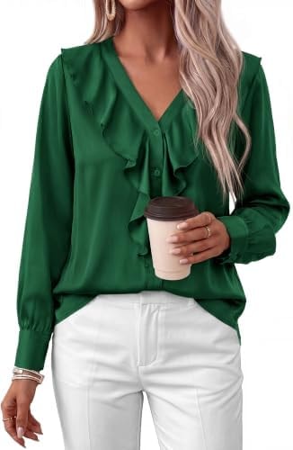 dowerme Womens Long Sleeve Tops Satin Ruffle Button Shirts, Green, XXL