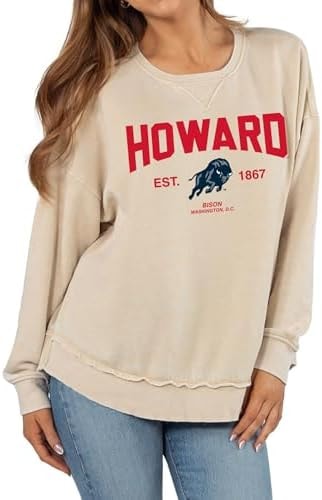 chicka-d Women's Burnout Hi-Lo Campus Crewneck Fleece Sweatshirt NCAA Primary Team Icon Neutral, Howard Bison, Oatmeal, X-Large