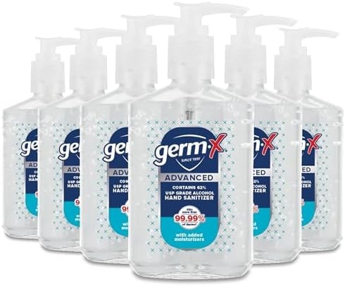 Germ-X Advanced Hand Sanitizer, 8 Fl Oz (Pack of 6), Less Drying Moisturizing Clear Gel, No Rinse Formula, Pump Bottle