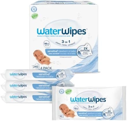 WaterWipes Sensitive+ Newborn & Baby Wipes, 3-In-1 Cleans, Cares, Protects, 99.9% Water, Unscented & Hypoallergenic, 240 Count (4 Packs)