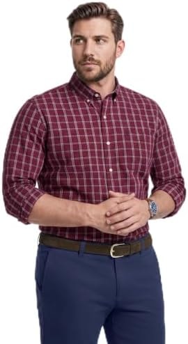 IZOD Men's Big and Tall Performance Comfort Long Sleeve Plaid Button Down, Zinfandel Wide Plaid, 3X-Large Tall