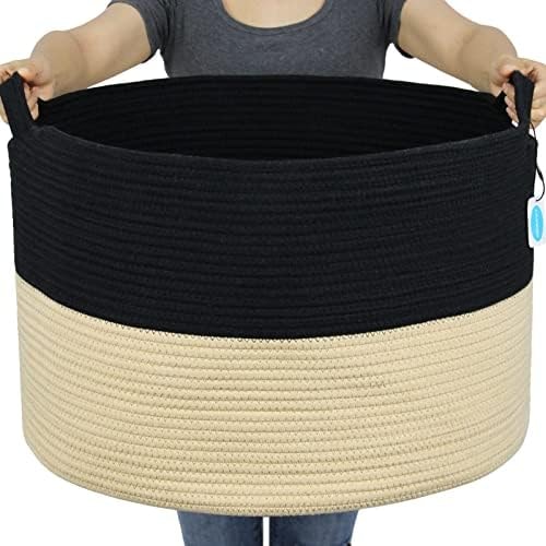Casaphoria XXL Cotton Rope Woven Laundry Basket with Handle - Blanket, Comforter, Cushions Storage Bin - 21.7" x 21.7" x 13.8", Black and Brown
