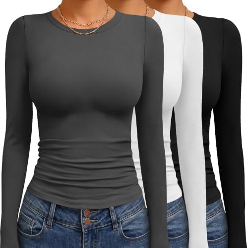 TNNZEET 3 Pack Womens Long Sleeve Shirts CrewNeck Basic Fitted Tees Y2K Top