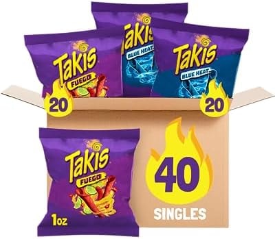 Takis 40 pc / 1 oz Assorted Pack - Fuego & Blue Heat Flavored Rolled Tortilla Chips - (20) Fuego, (20) Blue Heat - Perfect for Tailgates, Parties, or the Office