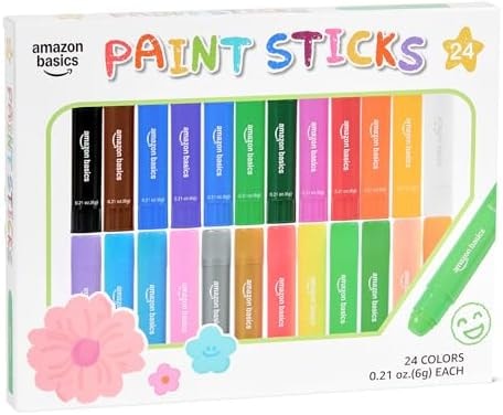 Amazon Basics Tempera Paint Sticks for Kids and Students, Washable, Twist-Up Design, 24 Colors