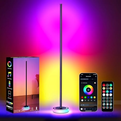 Wfiia 59" Smart LED Corner Floor Lamp, RGBICW Color Changing Ambient Lighting, App Control Music Sync Mood Light, Modern Dimmable Room Decor for Bedroom, Living Room, Gaming Setup, Black