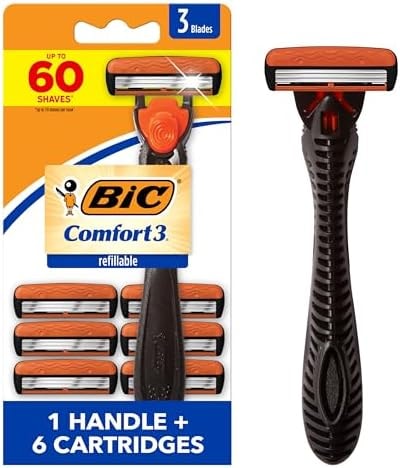 BIC Comfort 3 Refillable Three-Blade Razor for Men, Sensitive Skin Razor For a Comfortable Shave, 1 Handle and 6 Cartridges, 7 Piece Razor Set