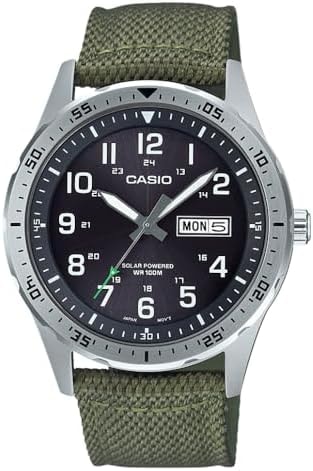 Casio MTP-S120L Series | Solar Analog Watch | Stainless Steel Case | NATO Nylon Strap | Day & Date Display | 100M Water Resistant | Luminous Hands | Military Style