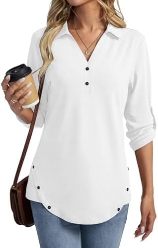 TICTICMISS Womens Rolled 3/4 Sleeve Tunic Tops Collared V Neck T Shirts
