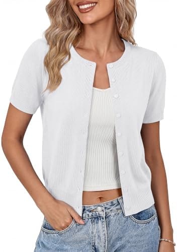 GRACE KARIN White Cardigan for Women, Short Sleeve Button Sweater, Business Casual Outfits for Women Bright White M