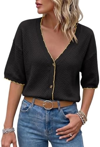 Dokotoo Black Tops for Women V Neck Cardigan Button Up Cotton Tops M