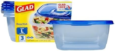 Glad GladWare Deep Dish Food Storage Containers with Lids, Large Rectangle BPA Free Plastic for Soups Salads and Meal Prep, Lock Tight Seal, Microwave Dishwasher Safe, 64 Oz, 3 Count