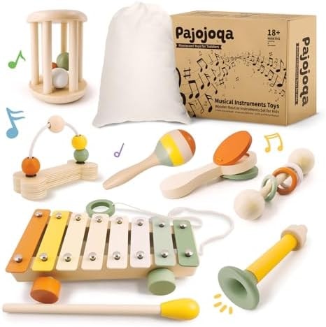 Pajojoqa 7pcs Musical Instruments Set 18M+ Montessori Toys 2 3 4 Neutral Colors Wooden Toys for Toddlers 3-5 Percussion Instruments Modern Boho Xylophone Sensory Gifts Boys Girls