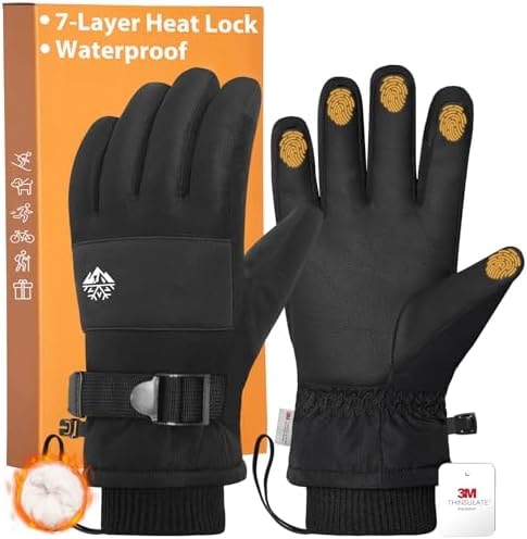 Winter Gloves Men Women with 3M Thinsulate, Waterproof Snow Gloves, Black-L