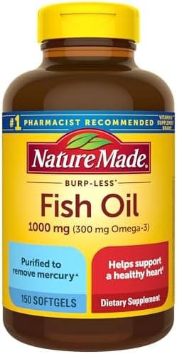 Nature Made Burp Less Fish Oil Omega 3 Supplements, 1000mg Softgels, Omega 3 Fish Oil Supplements for Healthy Heart Support, 150 Softgels, 75 Day Supply