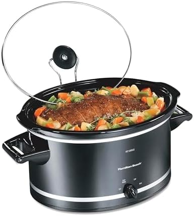 Hamilton Beach Slow Cooker with 3 Cooking Settings, Dishwasher-Safe Stoneware Crock & Glass, 8-Quart Built-In Lid Rest, Black
