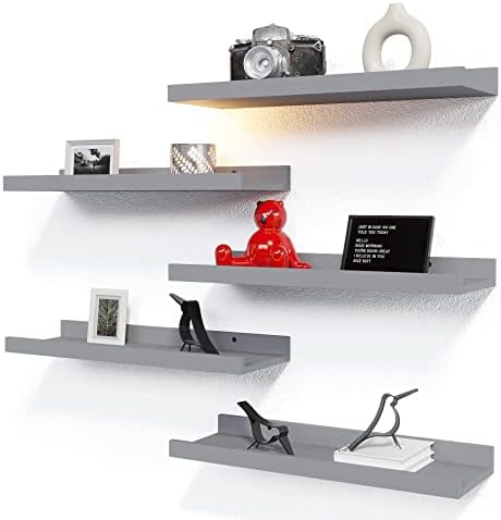 RICHER HOUSE 5-Set Floating Shelves with Lip, Grey Wall Mounted Wood Shelf