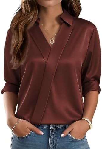 LOMON Satin Blouses for Women Fall Clothes Dressy V Neck Long Sleeve Shirts