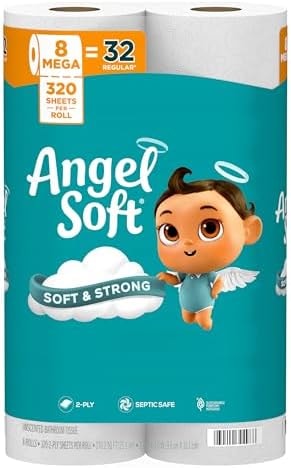 Angel Soft Toilet Paper, 8 Mega Rolls = 32 Regular Rolls, Soft and Strong Toilet Tissue