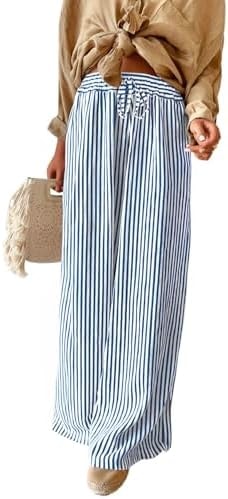 Acelitt Women Navy Blue Striped Drawstring High Waist Wide Leg Pants XXL