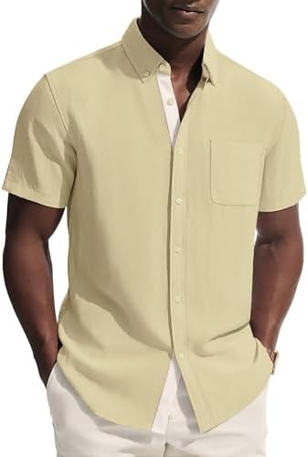 PJ PAUL JONES Mens Button Down Shirt Linen Short Sleeve Dress Shirts for Men Beach Summer Wedding Untucked Shirt Light Yellow