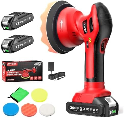 Avhrit Cordless Car Buffer Polisher kit w/ 2x2000mAh 21V Batteries, 6 Inch Car buffer Waxer Kit w/ 6 Variable Speed & Extra Attachments, Polisher for Car Detailing,Boat Sanding,Scratch Removing