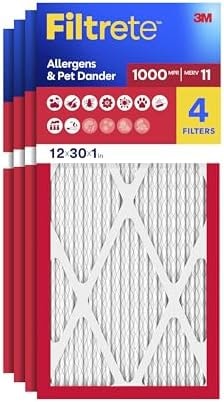 Filtrete 12x30x1 Air Filter, MERV 11, MPR 1000, Allergens & Pet Dander, 3-Month AC and Furnace Filters, Cleaner Air, Reliable Airflow, 4 HVAC Filters (Actual Size 11.81 x 29.81 x 0.81 in)