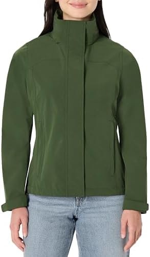 Amazon Essentials Women's Regular-Fit Lightweight Waterproof Long Hooded Rain Jacket, Dark Green, Medium