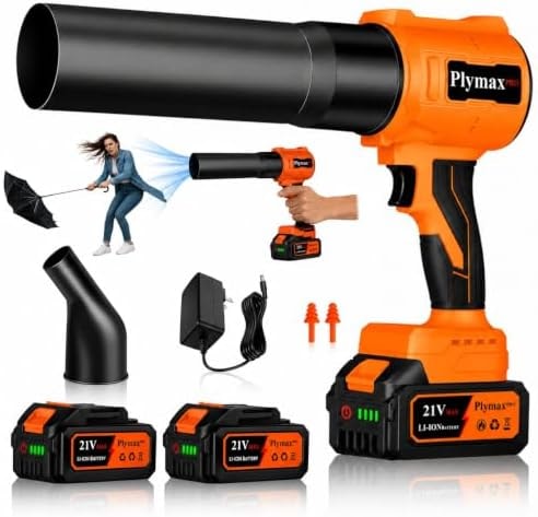 Plymax Cordless Leaf Blower, 800,000 RPM Electric Handheld Blower, Leaf Blower Cordless with 2×4.0Ah Batteries & Charger,Snow Blowers with 2-Nozzles for Patio,Lawn Care,Dust,Snow & Car Drying, Orange