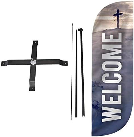 LookOurWay Feather Flag Set - 5ft Tall Advertising Banner Flag with Pole Kit and X-Stand for Business Promotion - Welcome Church