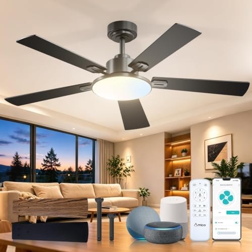 Amico 52 Inch Smart Ceiling Fans with Lights, Downrod Mount, Black