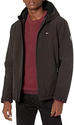 Tommy Hilfiger Men's Filled Soft Shell Hooded Open Bottom Jacket with Full Sherpa Lining, New Black, Small