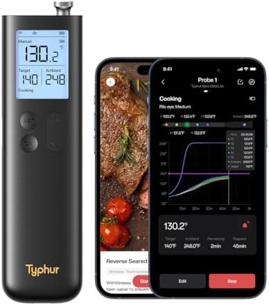 Typhur Sync Gold Wireless Meat Thermometer, Enhanced 10X Sub-1G Signal and Stability, WiFi Unlimited Range, 6 Sensors, Bluetooth Meat Thermometer for BBQ, Oven, Smoker, Grill, Air Fryer, Gen2