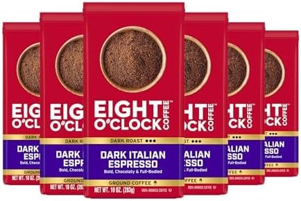 Eight O'Clock Coffee, Dark Italian Espresso, Dark Roast Ground Coffee, 10 Ounce, Pack of 6, Bold & Chocolaty