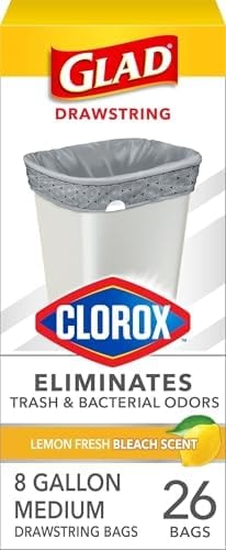 Glad Medium Trash Bags, 8 Gallon, Lemon Fresh Bleach Garbage Bags, Resists Bacterial Odors with Drawstring, 26 Count