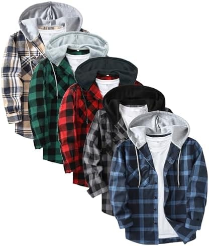 SWISSWELL 5 Pack Flannel Hoodie for Mens Long Sleeve Button-up Plaid Shirt