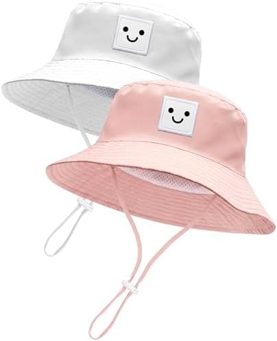 Baby Sun Hat Toddler Bucket Hats UPF 50+ Kids Summer Sun Protection Beach Hat for Boys Girls (US, Age, 6 Months, 24 Months, White+Light Pink)