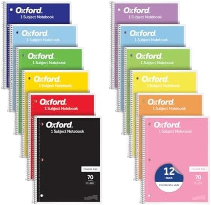 Oxford Spiral Notebooks, 12 Count Bulk Pack, 1 Subject, College Ruled Notebooks for School, 8 x 10.5 Inches, 70 Sheets, Assorted Colors, Back to School Supplies (65205)